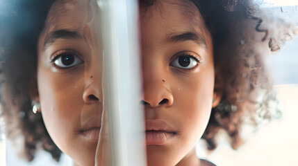 Close up portrait of playful black girl looking at camera in mirror reflection copy space : Generative AI - Powered by Adobe