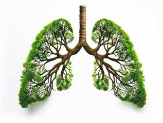 Human lungs conceptualized with dense green foliage and intertwining bronchial tree illustrating eco-friendly living and clean air awareness - obrazy, fototapety, plakaty