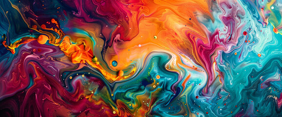 Radiant silver marble ink swirls amidst a kaleidoscope of bright colors, forming an enchanting and captivating abstract composition. - obrazy, fototapety, plakaty