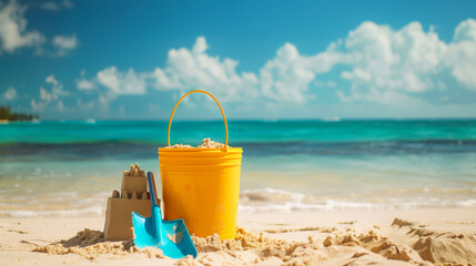 Bucket and shovel set on the beach ready for sandcastle building, a classic symbol of beachside play