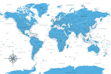 World Map - Highly Detailed Blue Colored Vector Map of the World. Ideally for the Print Posters. - obrazy, fototapety, plakaty