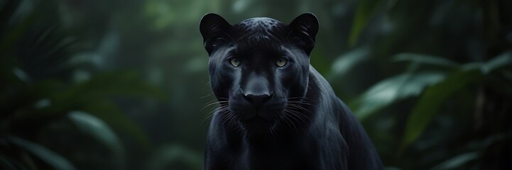 Naklejka na ściany i meble Black panther tropical jungle leaves black background