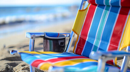 Colorful striped beach chair with ocean backdrop, symbolizing leisure and the vibrancy of coastal life
