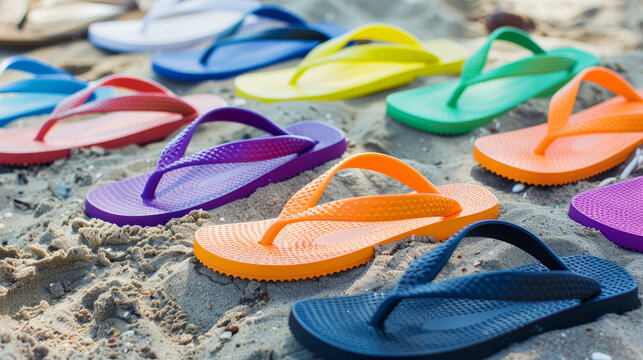 Array of multicolored flip-flops arranged on sandy beach evoking summer vibes