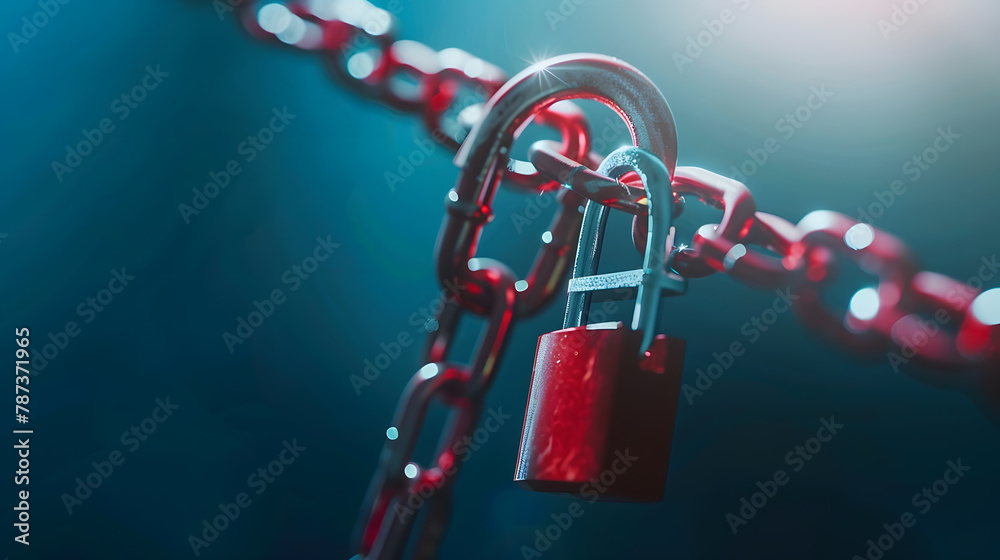Aufkleber safety concept red chain and padlock on blue background copy space : generative ai