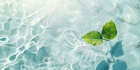 Green leaves on water surface. Beautiful water ripple background for product presentation. Copy space
