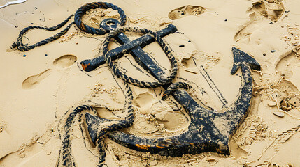 Anchor and rope sketched into sandy beach evoking nautical adventure and seaside memories
