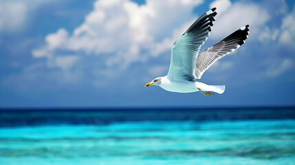 Fototapeta na wymiar Graceful seagull gliding over turquoise waters, a serene moment against the vibrant ocean backdrop