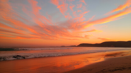 Fototapeta premium Vivid sunset sky painted in orange and pink over the beach, creating a breathtaking coastal evening scene
