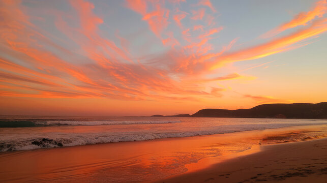 Vivid sunset sky painted in orange and pink over the beach, creating a breathtaking coastal evening scene