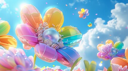 3D illustration of colorful flowers made from candy and pastel eggs, background is blue sky with white clouds, fantasy fairy land