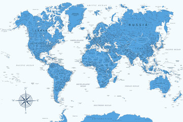 World Map - Highly Detailed Blue Colored Vector Map of the World. Ideally for the Print Posters.