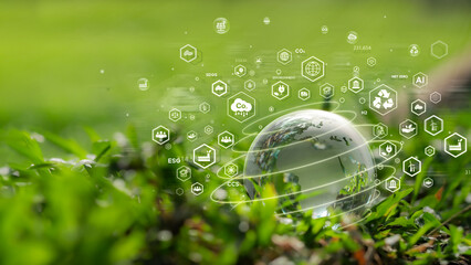 Crystal ball on grass in green forest - environmental concept, ecology and sustainable environment...