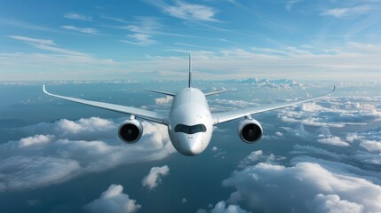 A white airplane flying in the sky, plane is seen from front view, plane has two engines on each side of it