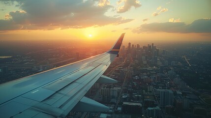 Airplane Wings: A photo of an airplane wing with the city skyline in the background - obrazy, fototapety, plakaty