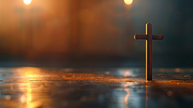 Religious crucifix cross upright on wooden table background with copy space : Generative AI