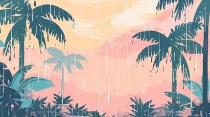 Minimalist illustration of rain in jungle with palm trees, pastel colors.