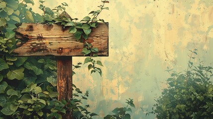 An illustration of a rustic wooden signpost with leafy vines climbing up its post - obrazy, fototapety, plakaty