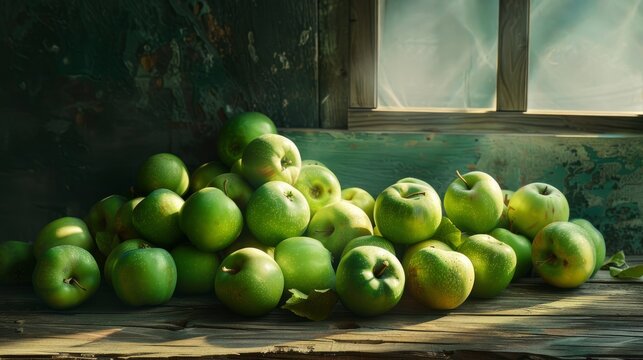 Still life: lots of green apples are stacked randomly on the wooden floor, view from straight above
