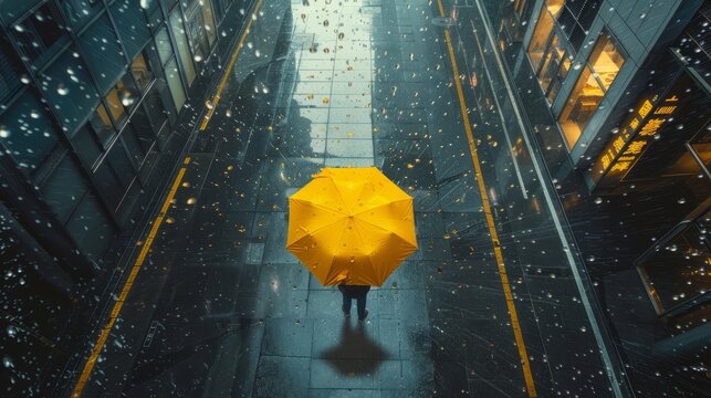 Take an overhead shot, below the tall building, on the rainy street. A man is holding a yellow umbrella