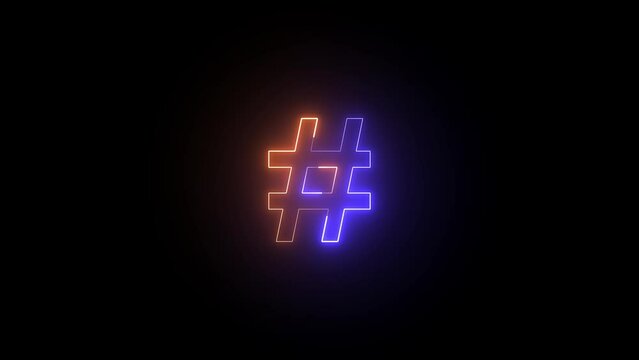 Glowing Hashtag sign animation. Neon Hash Tag Symbol animation. Glowing effect signboard. Neon hashtag panoramic. 4K Video motion Animation. Social media communication concept.
