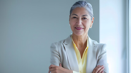 Beautiful hispanic senior business woman with crossed arms smiling at camera European or latin confident mature good looking middle age leader female businesswoman on office background : Generative AI