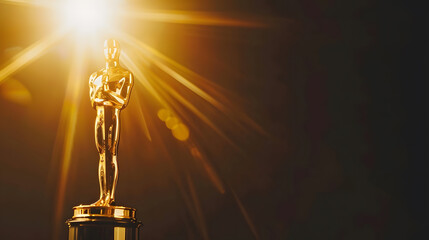 Hollywood Golden Oscar Academy award statue on light rays on black background with copy space...