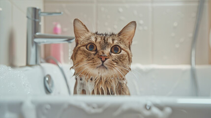 .A wet cat is sitting in the bathtub