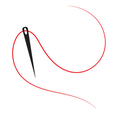Sewing needle with a long red thread.Vector needle icon on a white background.Vector illustration