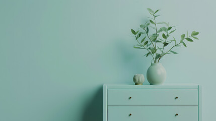 Minimalist composition of elegant and outstanding space with copy space blue commode green leaves in vase decorations and personal accessories Home decor Template : Generative AI