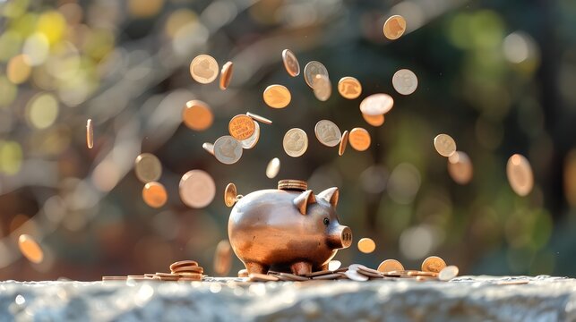 Savings Surrealism Piggy Bank with Falling Coins in Copper Rustic Finish on Stone Surface generative ai