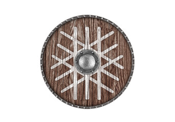 Old wooden round shield decorated with norse symbol of web of wyrd also known as the nore matrix of fate isolated on white background
