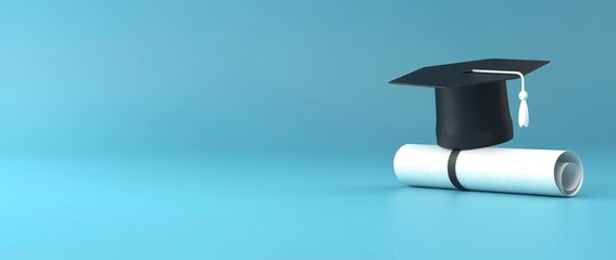  black graduation cap and diploma on blue background simple minimal, copyspace, banner Generative AI