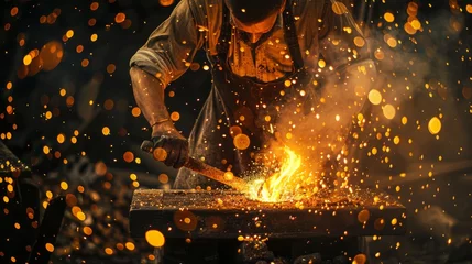Foto op Canvas Flame and Fire: A photo of a traditional blacksmith at work, hammering red-hot metal on an anvil © MAY