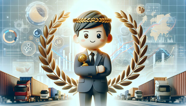 Cute Business Man Double Exposure with Logistic Laurels: Seamless Integration of Logistics and Financial Success with Laurel Wreath Overlay