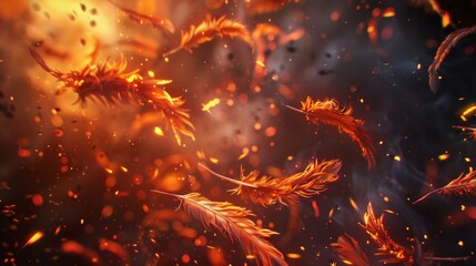 Feathers of a bird flying in the air with fire