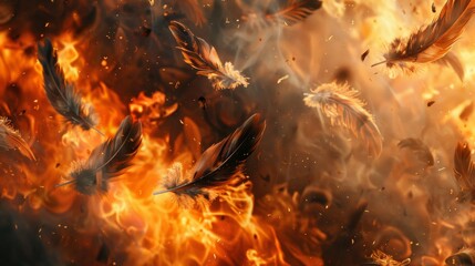 Feathers on fire background