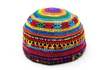 A colorful crocheted kufi hat featuring traditional African patterns and vibrant colors, often worn in many West African cultures, isolated white background
