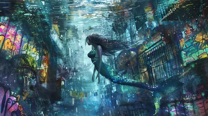 Fotobehang a sleek mermaid gracefully swimming through graffiti-covered alleyways, blending elements of the deep sea and urban decay © rookielion