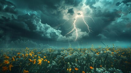 Nature Power: A photo capturing a lightning storm above a field of flowers - obrazy, fototapety, plakaty