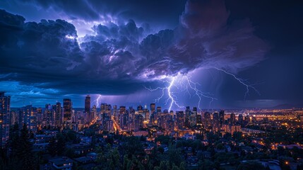 Nature Power: A photo capturing a lightning storm over a city skyline - obrazy, fototapety, plakaty