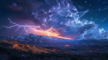 Nature Power: A photo of a lightning bolt illuminating the night sky over a mountain range - obrazy, fototapety, plakaty