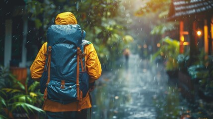 Safety and preparation: A photo of a person carrying a backpack containing emergency supplies - obrazy, fototapety, plakaty
