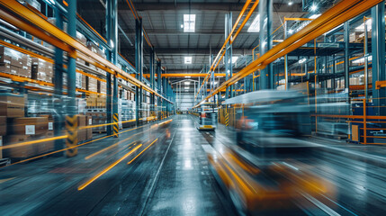 Fototapeta premium Artistic long exposure view inside a modern warehouse with workers and machines blurred in motion highlighting industry pace
