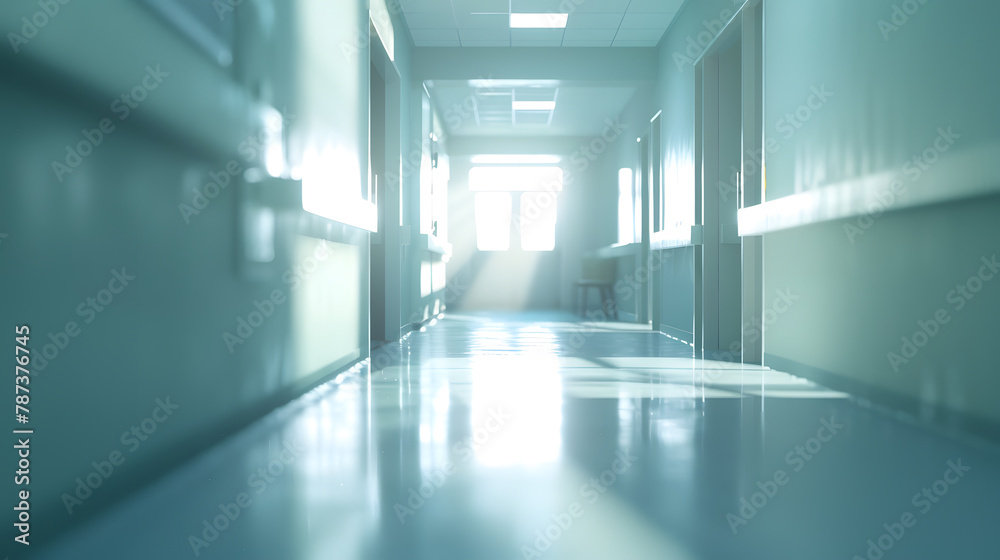 Aufkleber bright empty defocused hospital corridor background with copy space : generative ai
