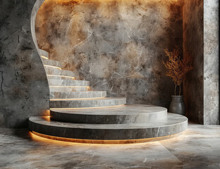 A circular podium in front of dark stone walls with an arch, surrounded by rough rocks, featuring C4D rendering style and futuristic metallic texture. Created with Ai