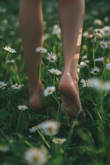 walking barefoot on sunny summer day, close-up of legs