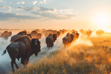 herd of american or european bison buffalo in a wildlife park in the prairie, cold winter - obrazy, fototapety, plakaty