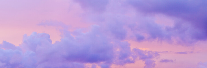 Pastel nature Sunset wide banner, purple fluffy clouds on pink colored sky, picturesque landscape...