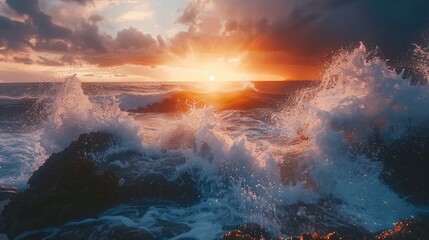 Impressive force of waves hitting rocks at sunrise